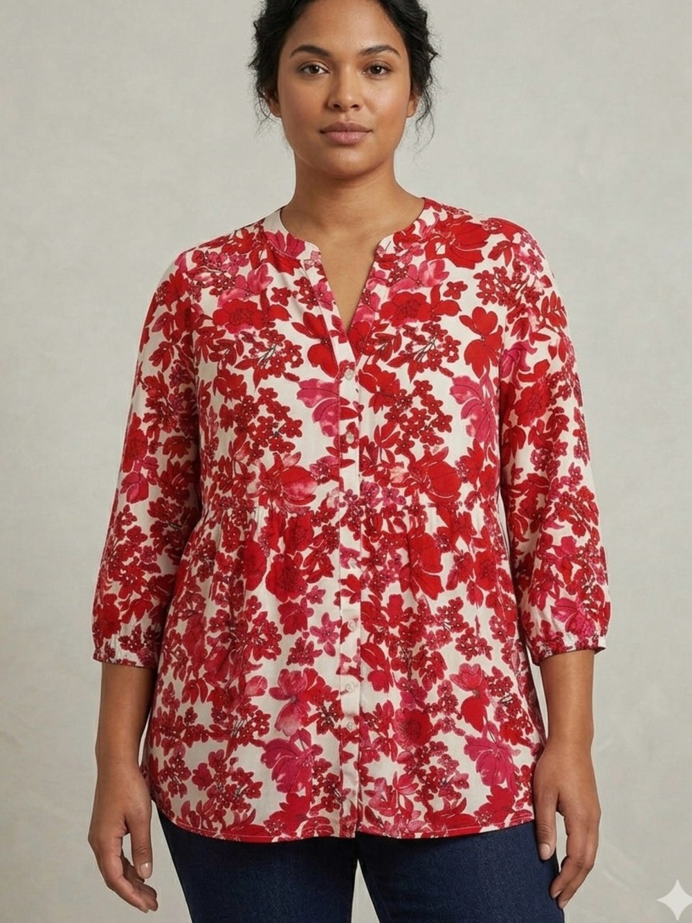OLSEN Red Floral Button Front Blouse Top 3/4 Sleeve Large